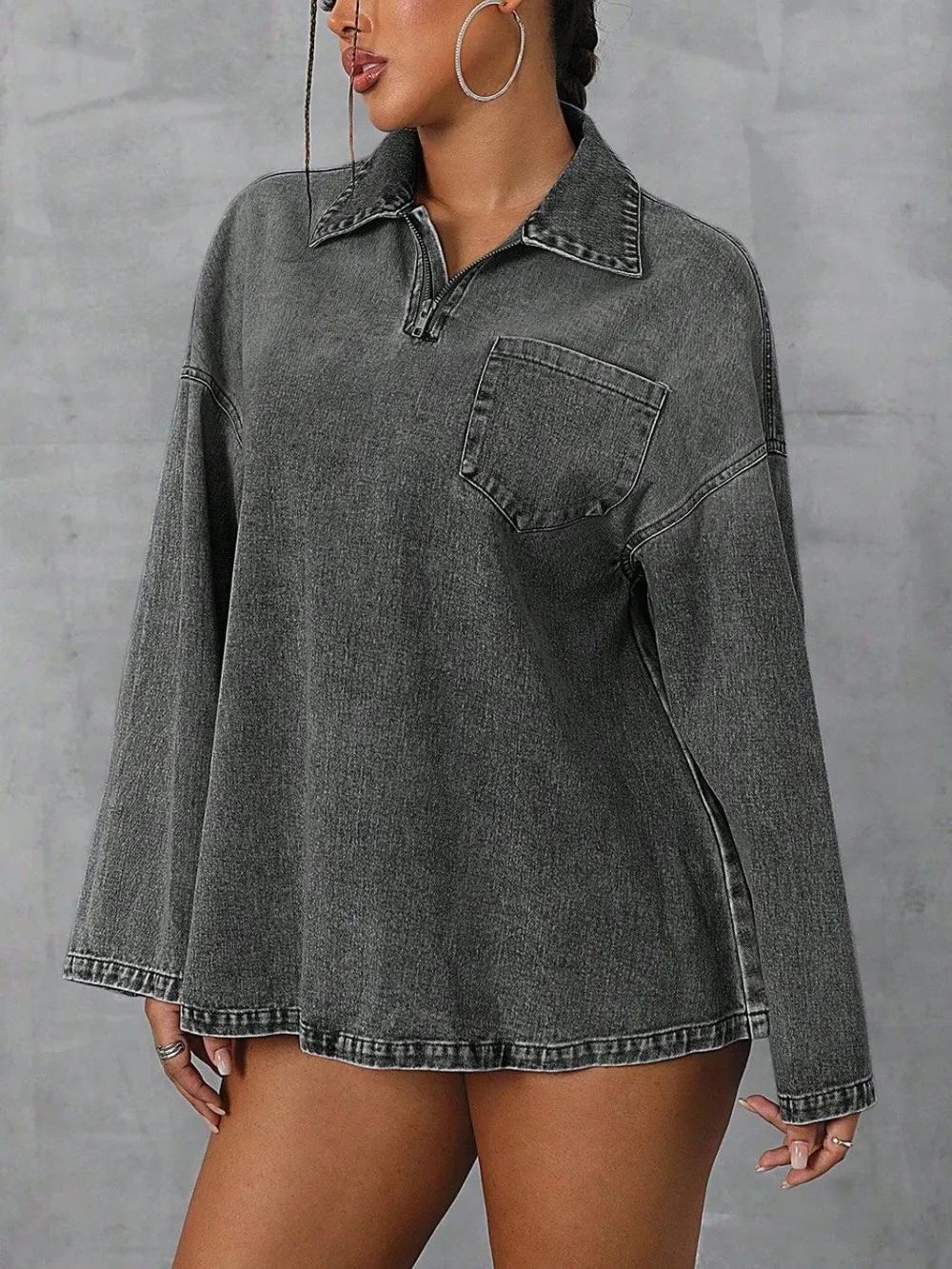 Collared Neck Drop Shoulder Denim Top, image 3