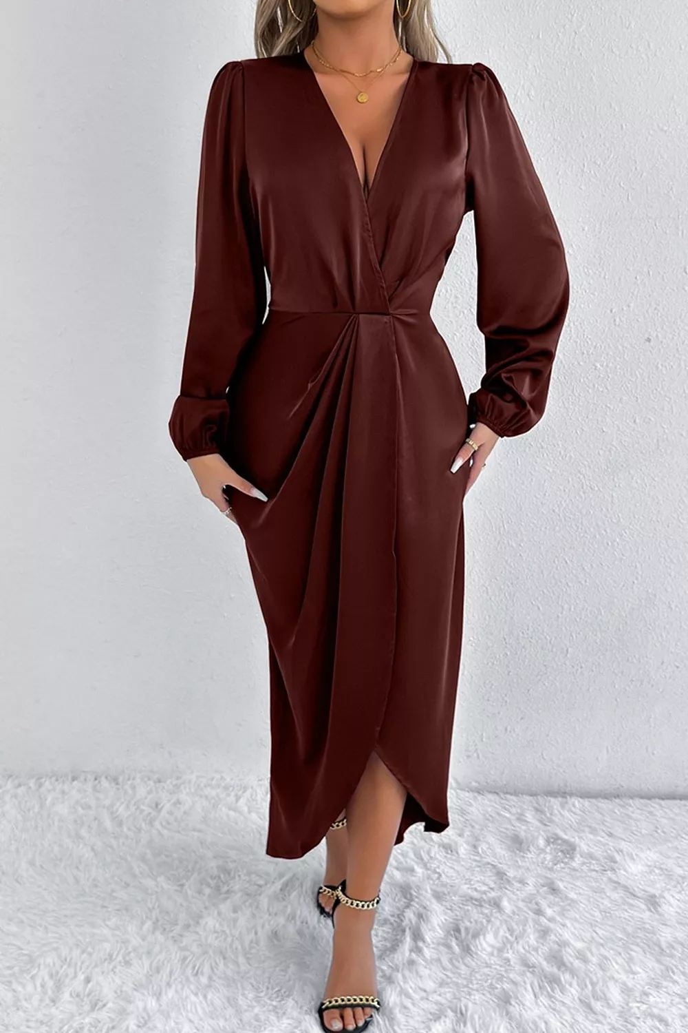 Satin Balloon Sleeve Midi Dress, image 21
