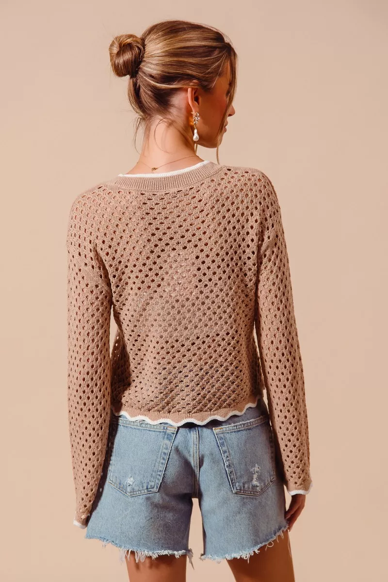 Open Knit Light Weight Sweater Cardigan With Contrast Wavy Scallop Edge, image 7
