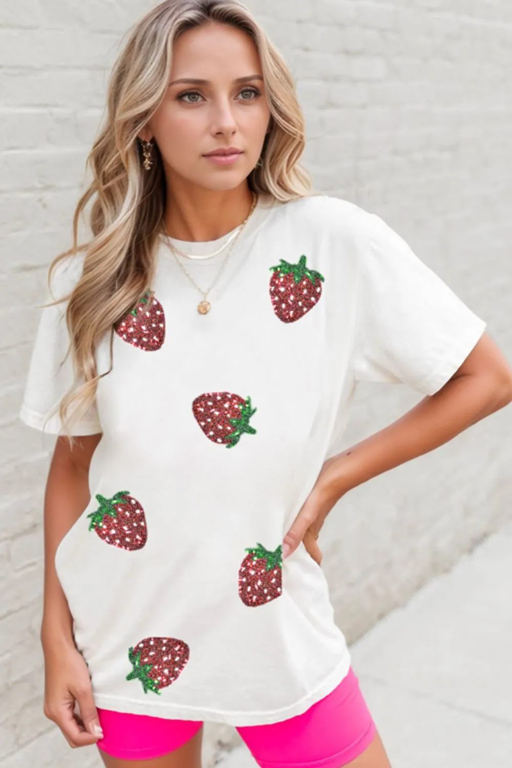 Sequin Strawberry Crew Neck Short Sleeve T Shirt, image 2