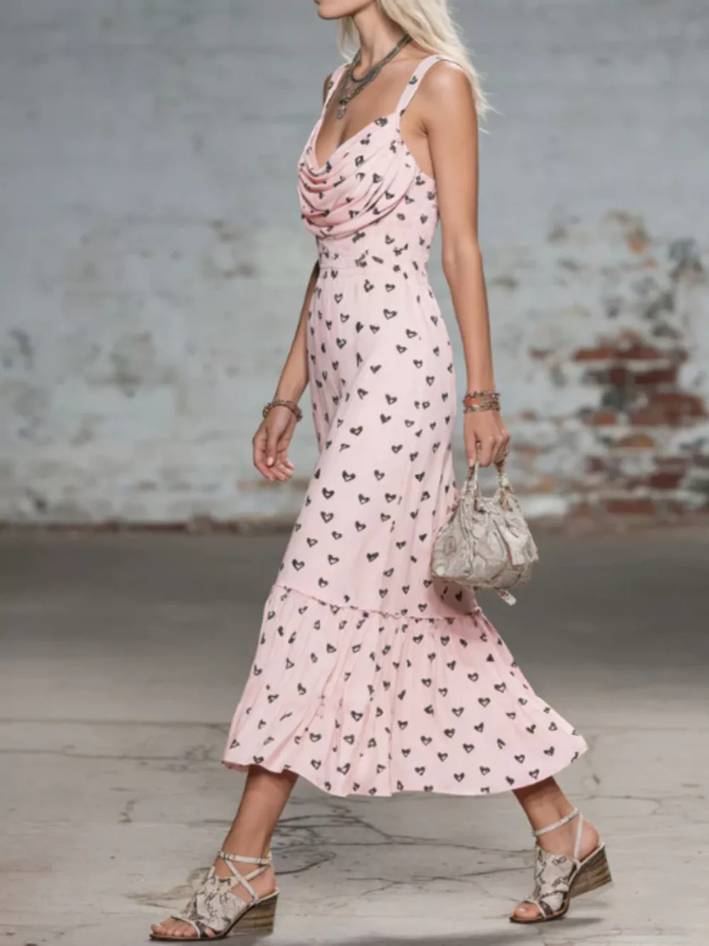 Heart-Print Cowl Neck Midi Dress, image 2