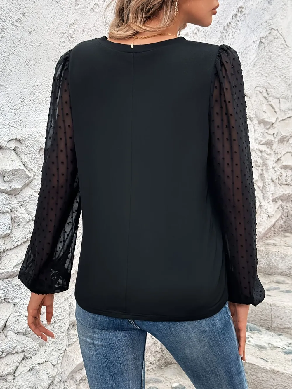 Full Size V-Neck Swiss Dot Long Sleeve Blouse, image 2