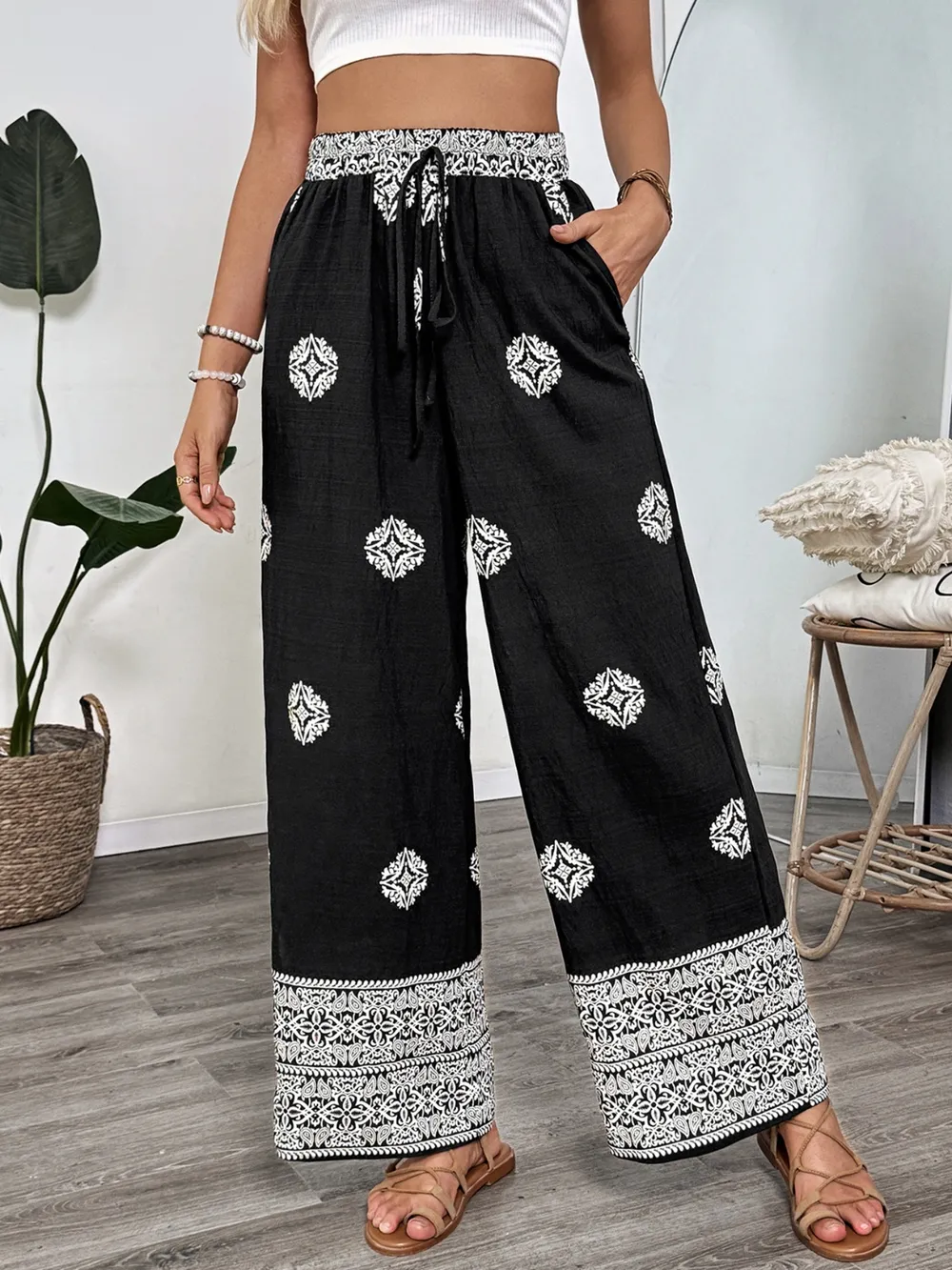 Boho Print Wide Leg Pants