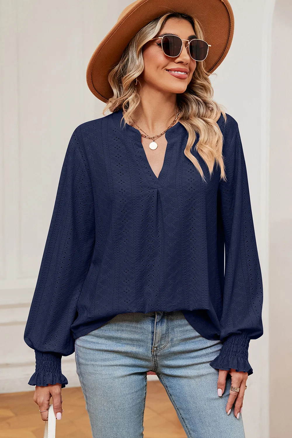 Eyelet Notched Long Sleeve T-Shirt, image 9