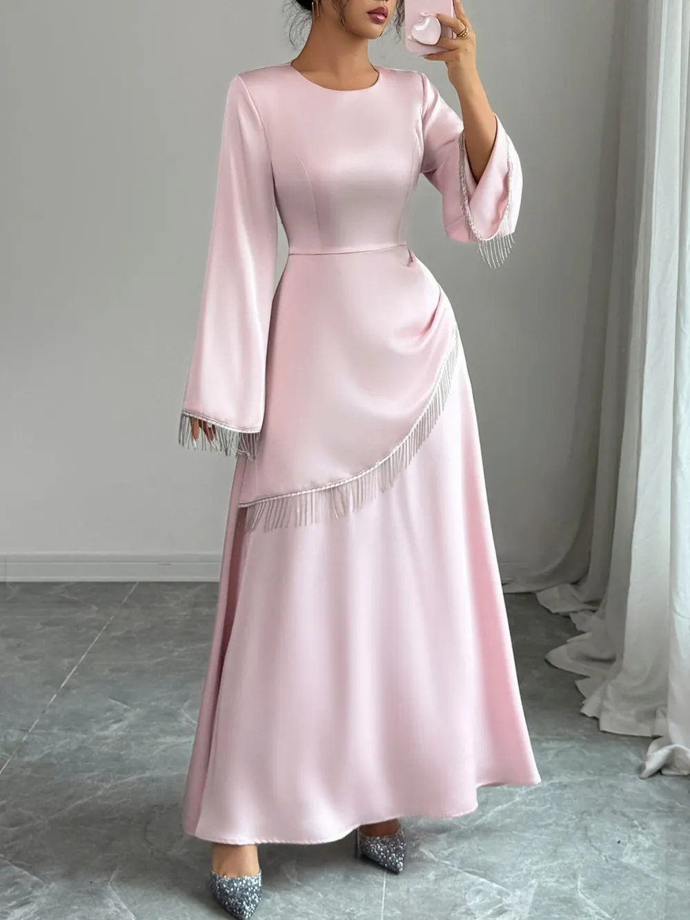 Fringe Long Sleeve Bodycon Maxi Dress, image 4