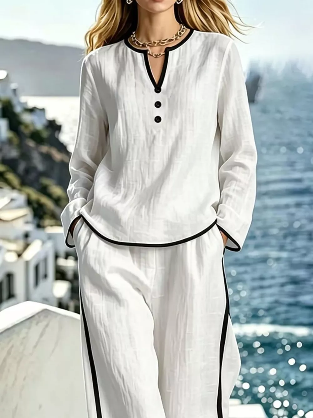 Contrast Trim Long Sleeve Top and Pants Set, image 2