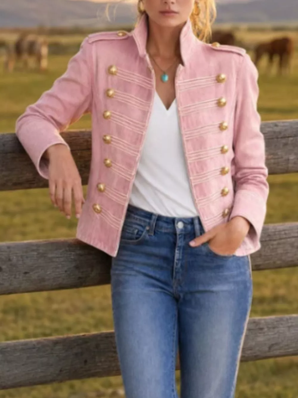 Military-Inspired Denim Jacket with Gold Button Detailing, image 4