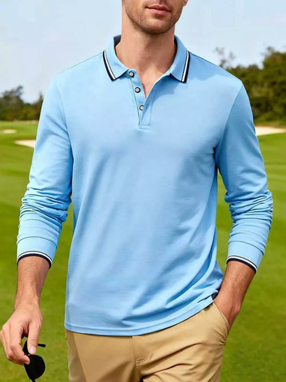 Men's Full Size Classic Long-Sleeve Polo with Striped Collar Plus Size, image 8
