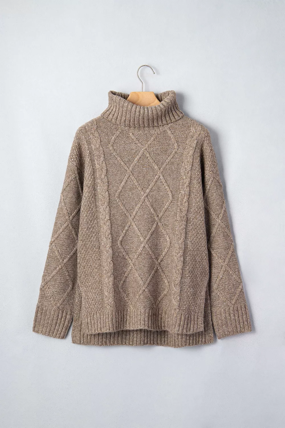 High Neck Drop Shoulder Cable Knit Regular Length Sweater, image 5