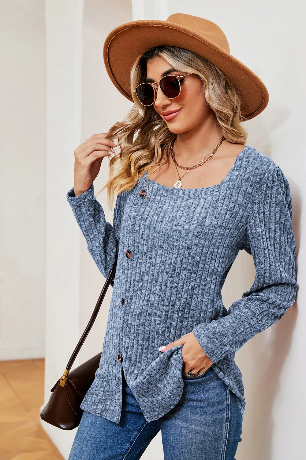 Decorative Button Square Neck T-Shirt, image 6