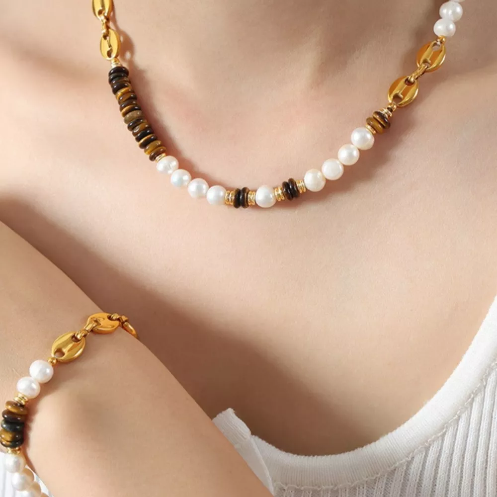 Tiger's Eye Freshwater Pearl 18K Gold-Plated Bead Necklace, image 3