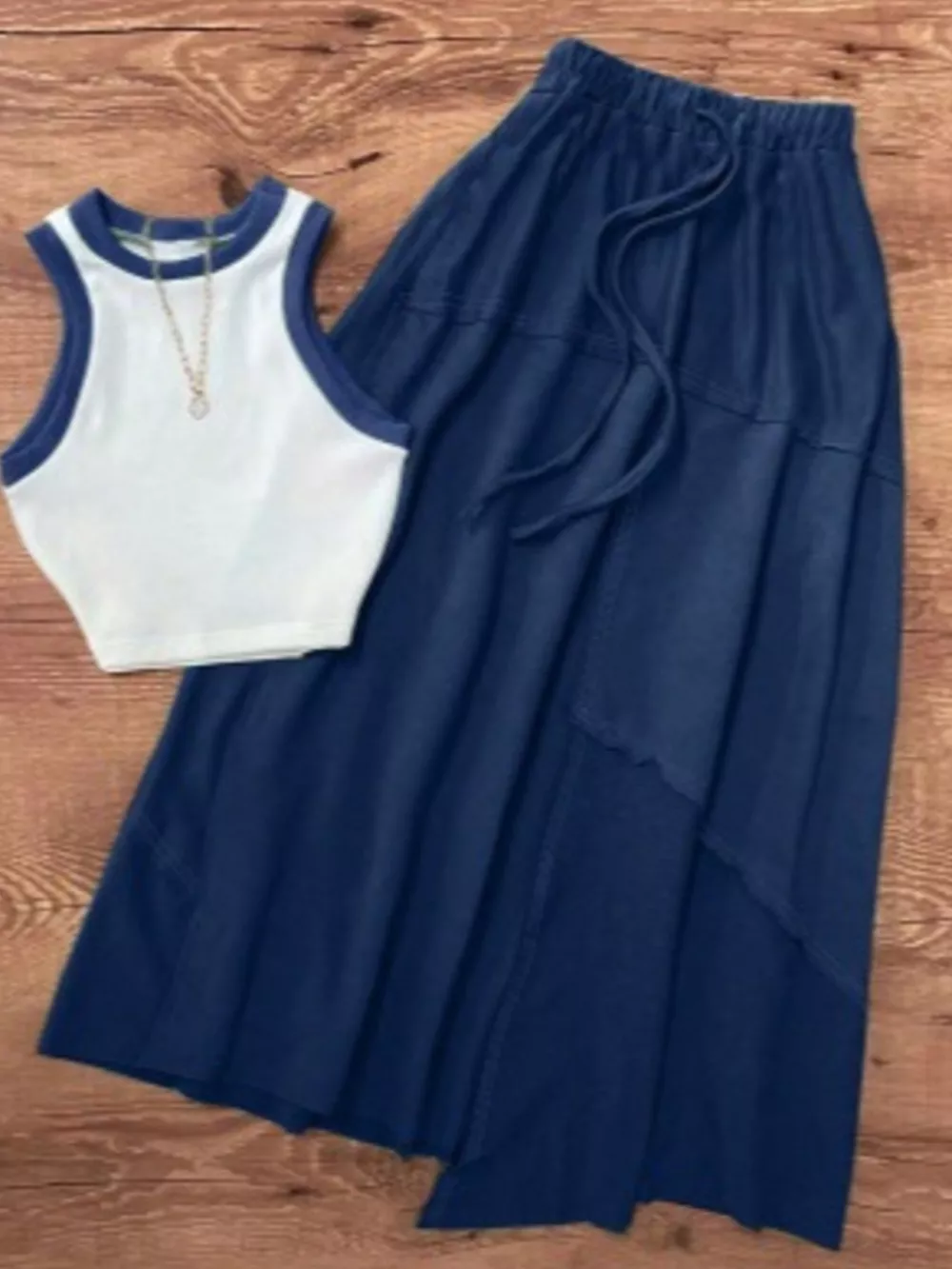 Contrast Trim Tank and Drawstring Waist Skirt Set, image 4