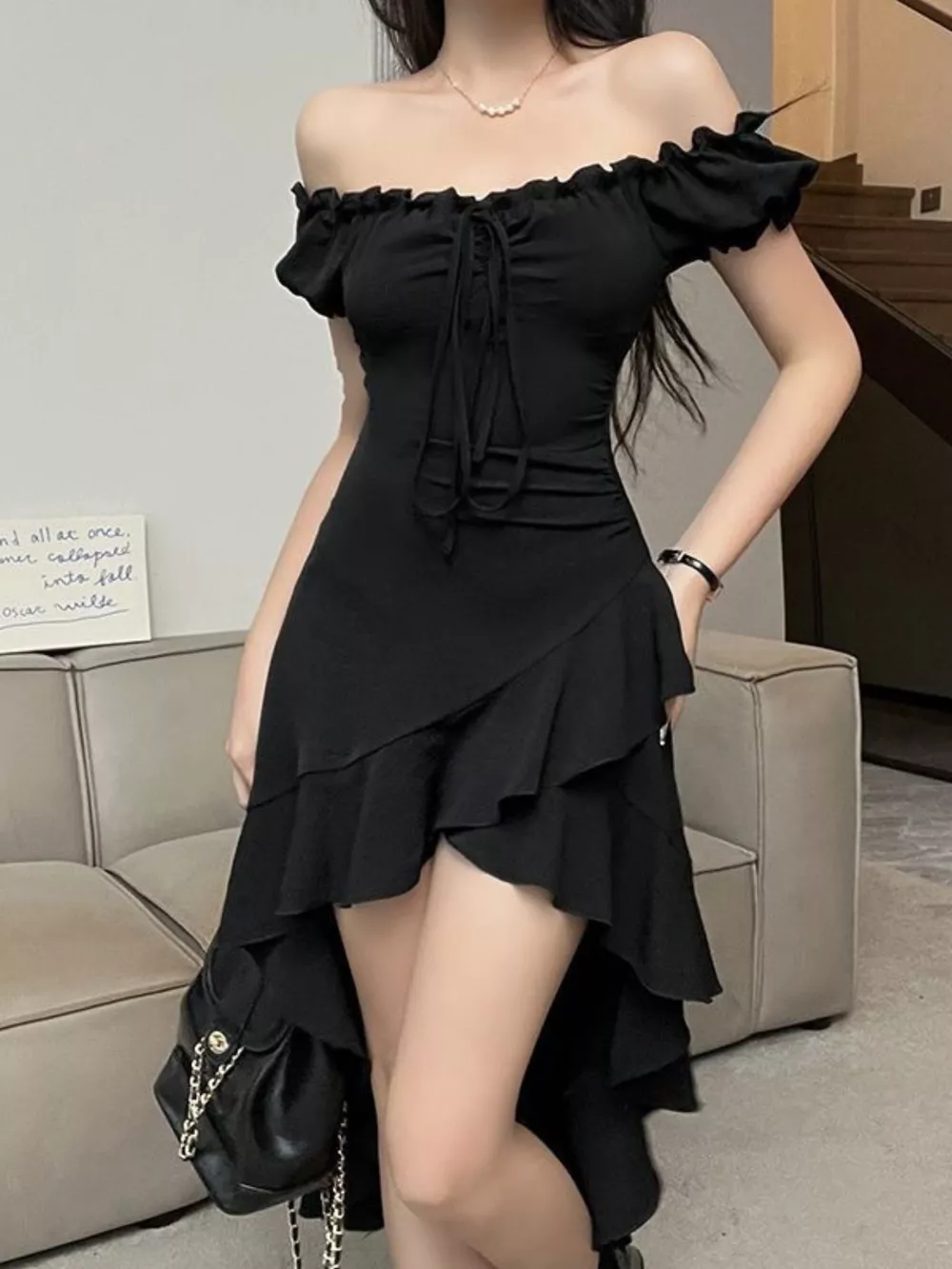 Off-Shoulder Ruffle Hem High-Low Dress, image 3