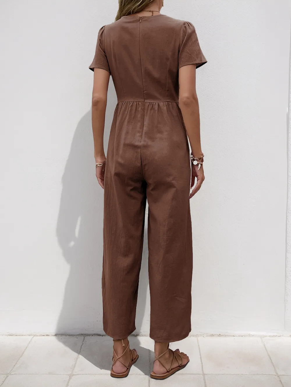 V-Neck Short Sleeve Wide Leg Jumpsuit, image 3