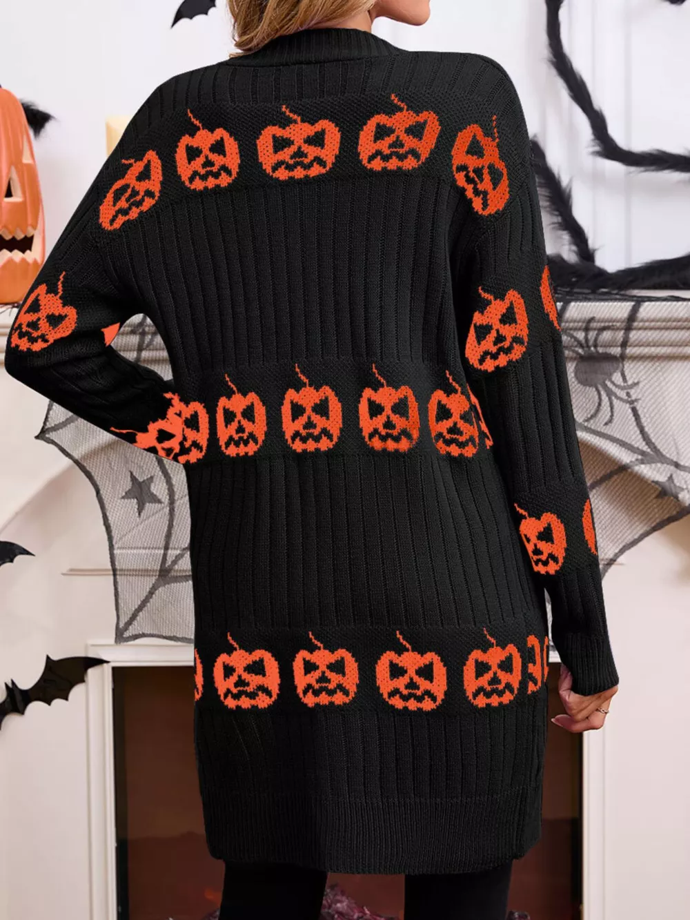 Halloween Pumpkin Open Front Knit Cardigan, image 3