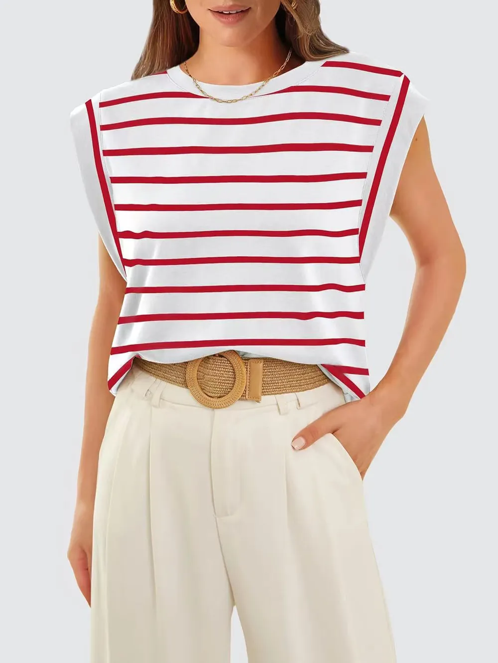 Striped Round Neck Cap Sleeve T-Shirt, image 6