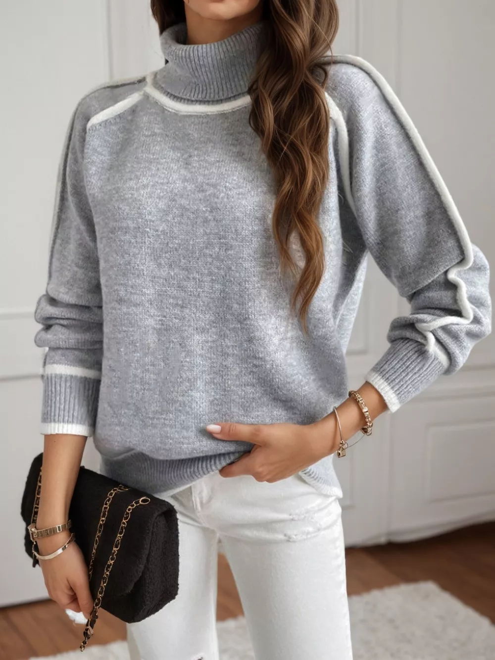 Full Size Turtleneck Contrast Trim Sweater Plus Size, image 3