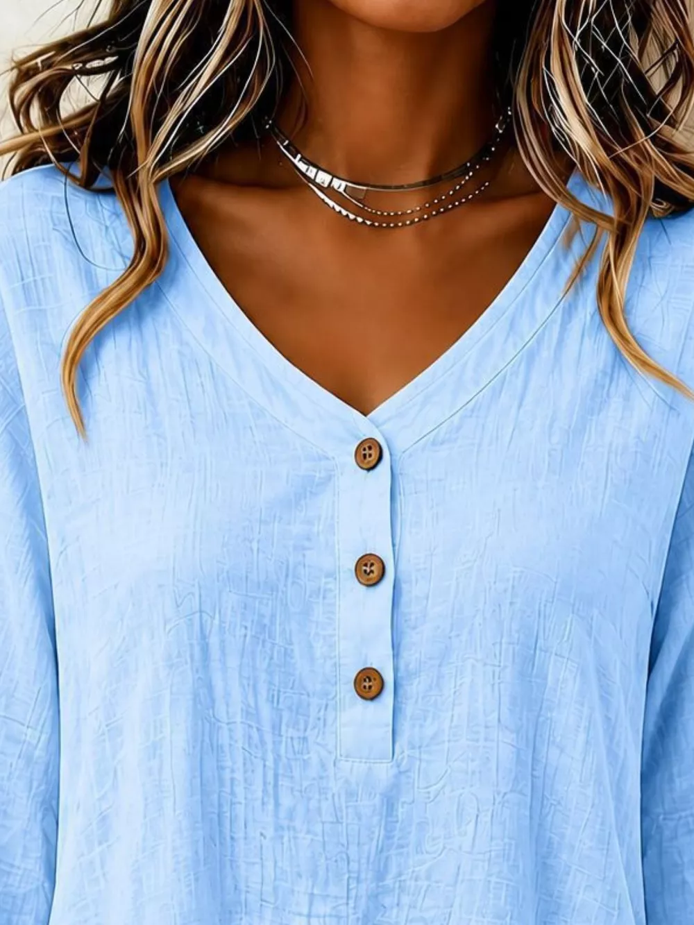 V-Neck Long Sleeve Button Detail Ruffled Hem Blouse, image 15