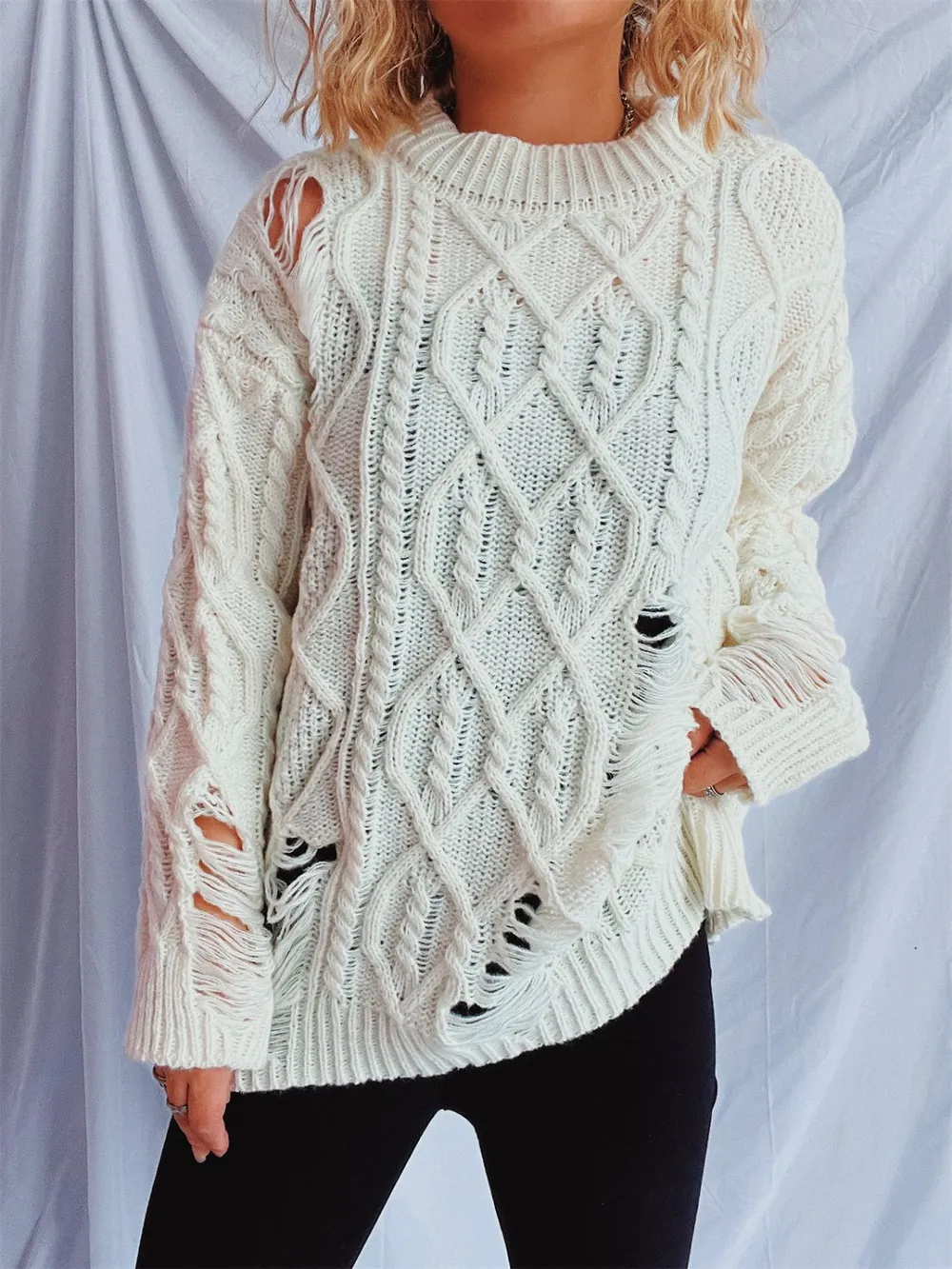 Distressed Cable-Knit Round Neck Long Sleeve Sweater, image 8