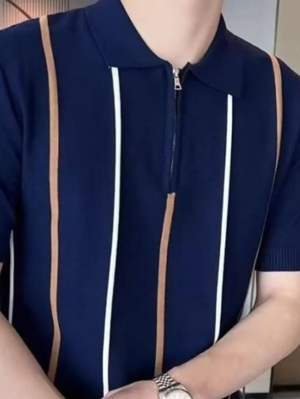 Men's Full Size Striped Zip Collar Short Sleeve Knit Polo Shirt Plus Size, image 2