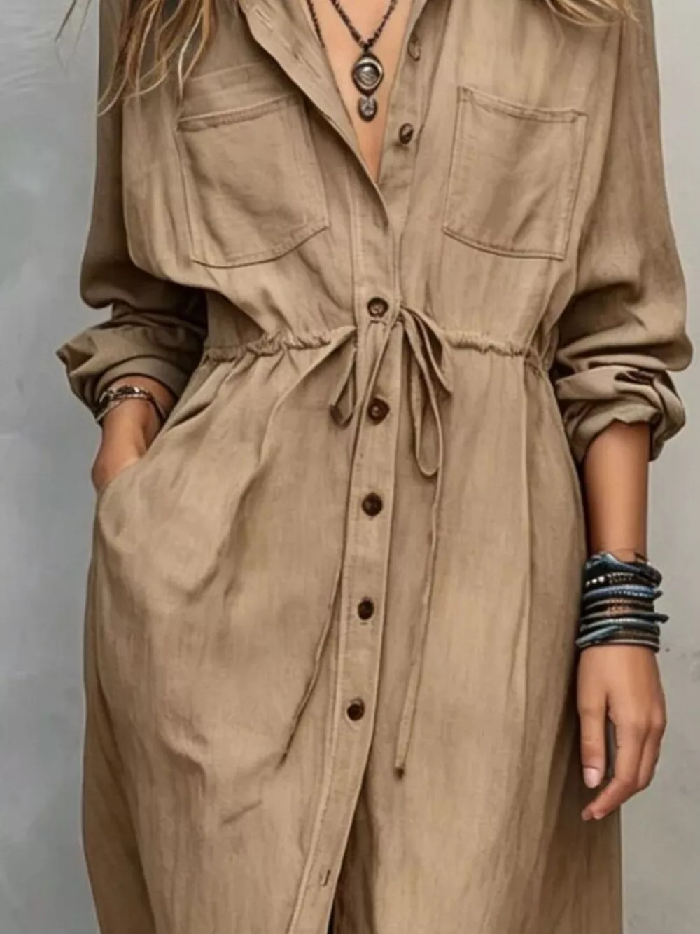 Full Size Button Front Long Sleeve Shirt Dress Plus Size, image 10