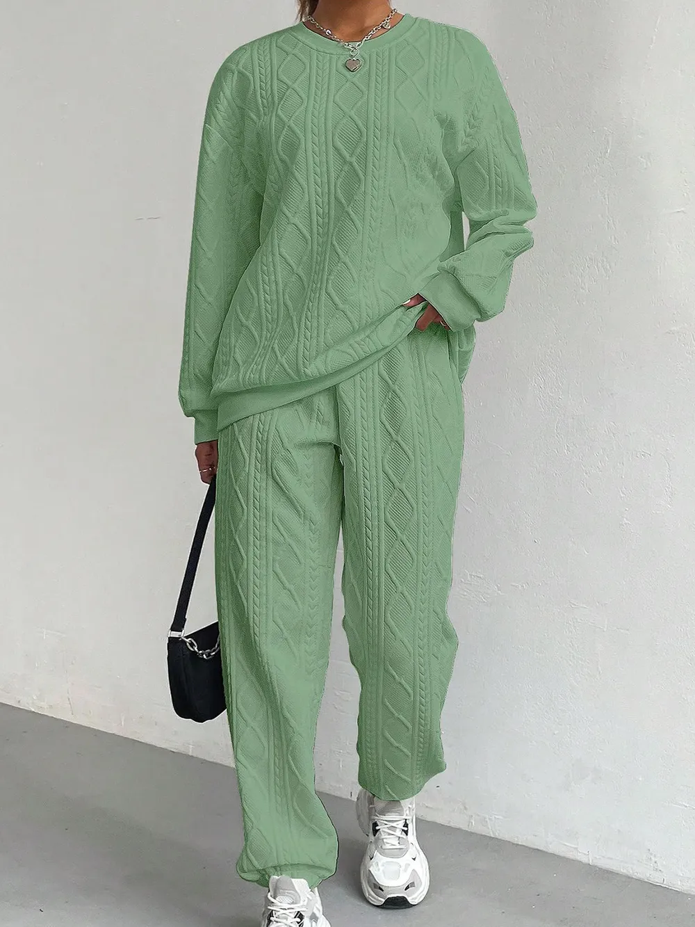 Texture Round Neck Top and Pants Set, image 15