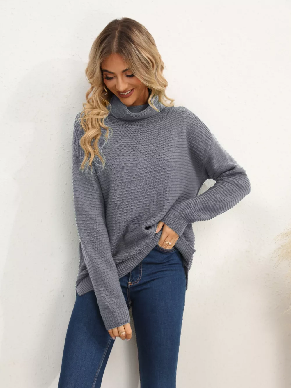 Slit Turtleneck Dropped Shoulder Sweater, image 23