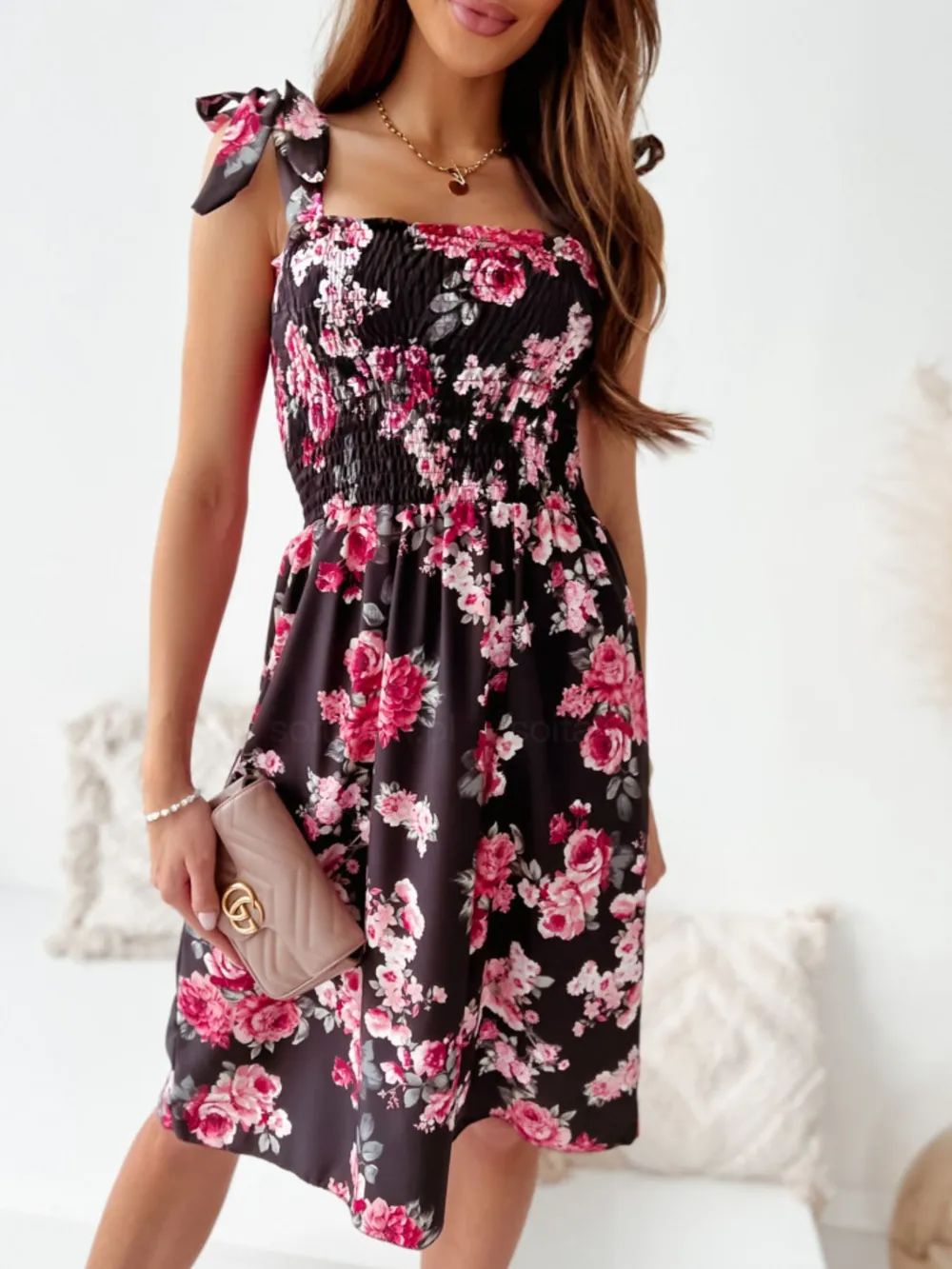 Floral Smocked Bodice Tie Shoulder Summer Dress, image 2
