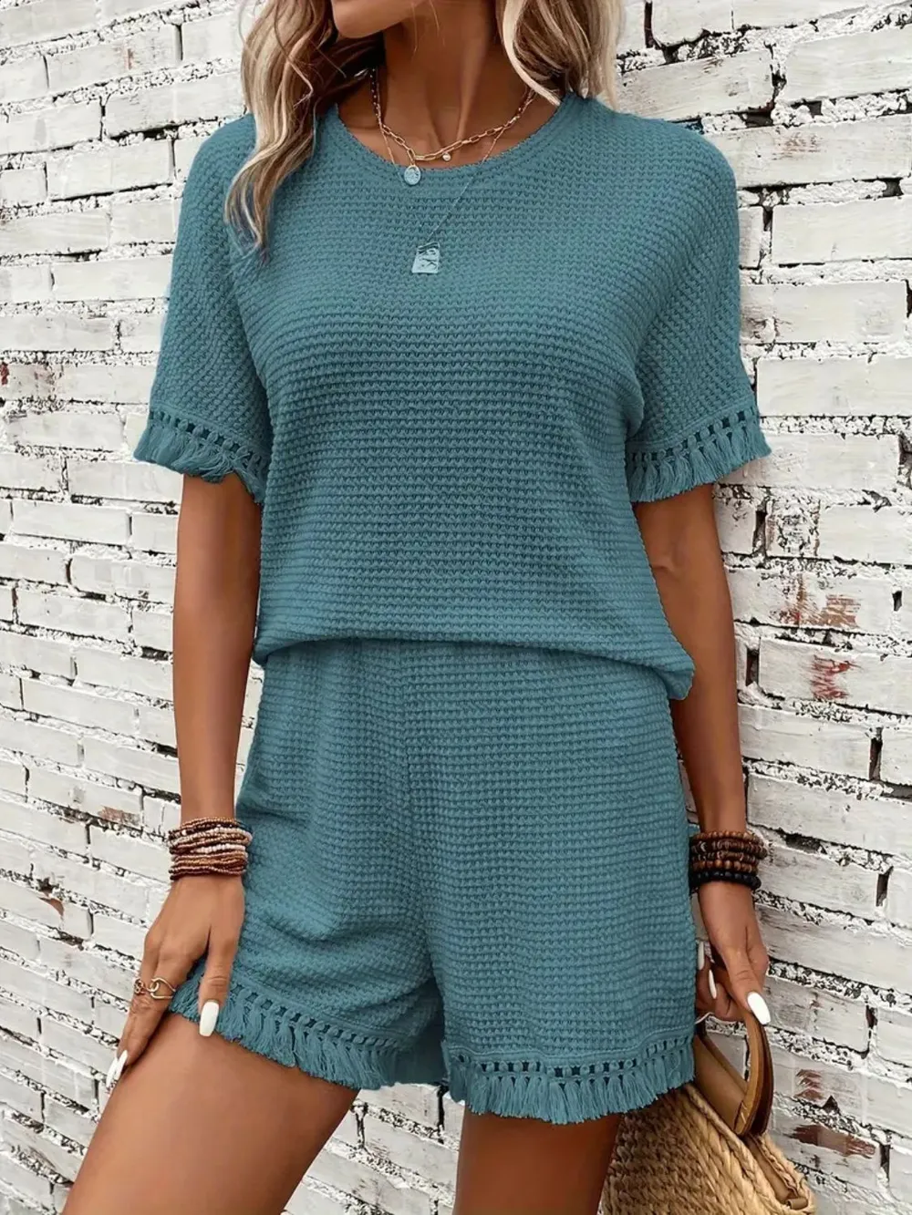 Tassel Round Neck Top and Shorts Set, image 7