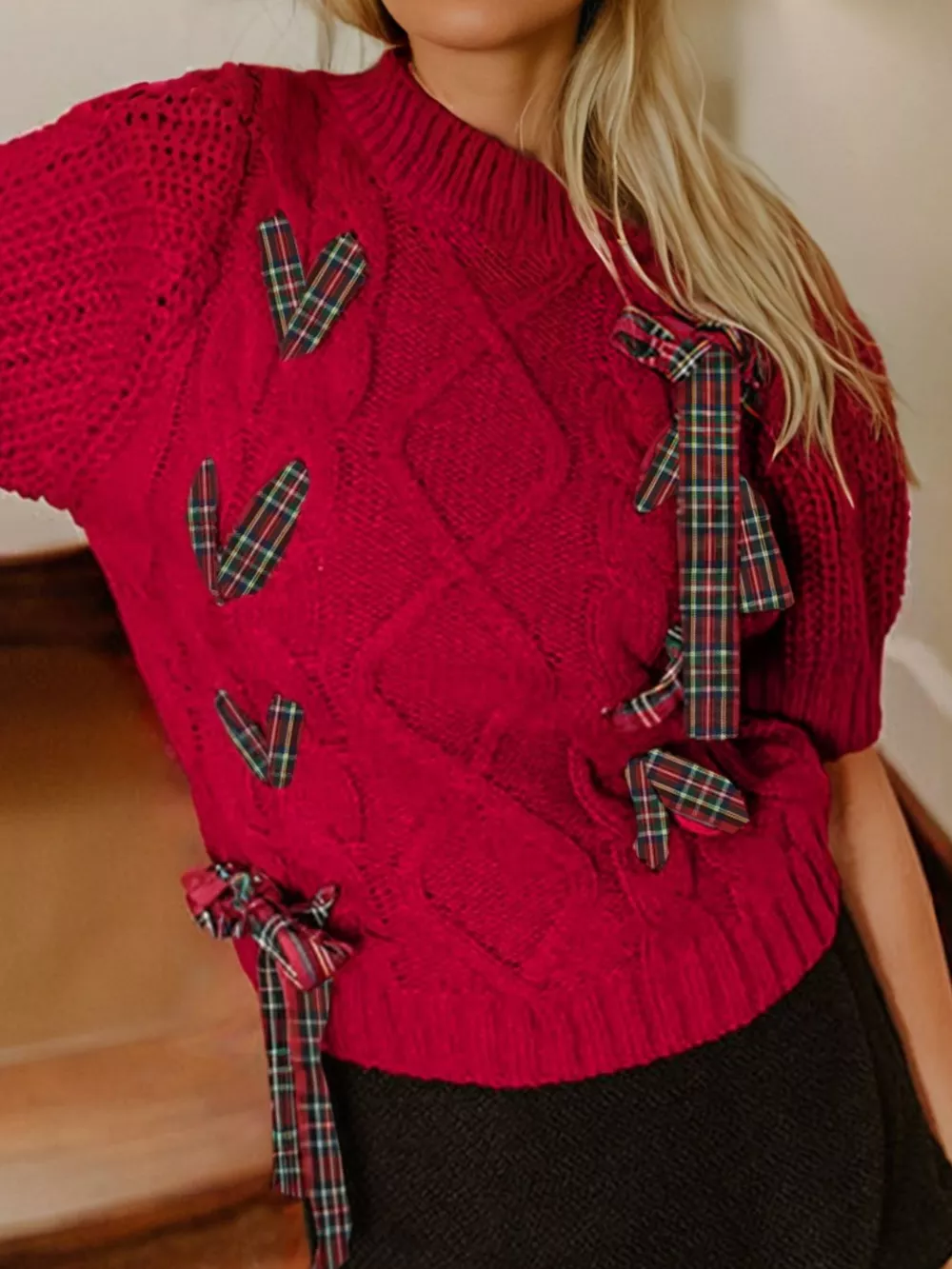 Plaid Lace Up Detail Christmas Holiday Puff Short Sleeve Sweater, image 2