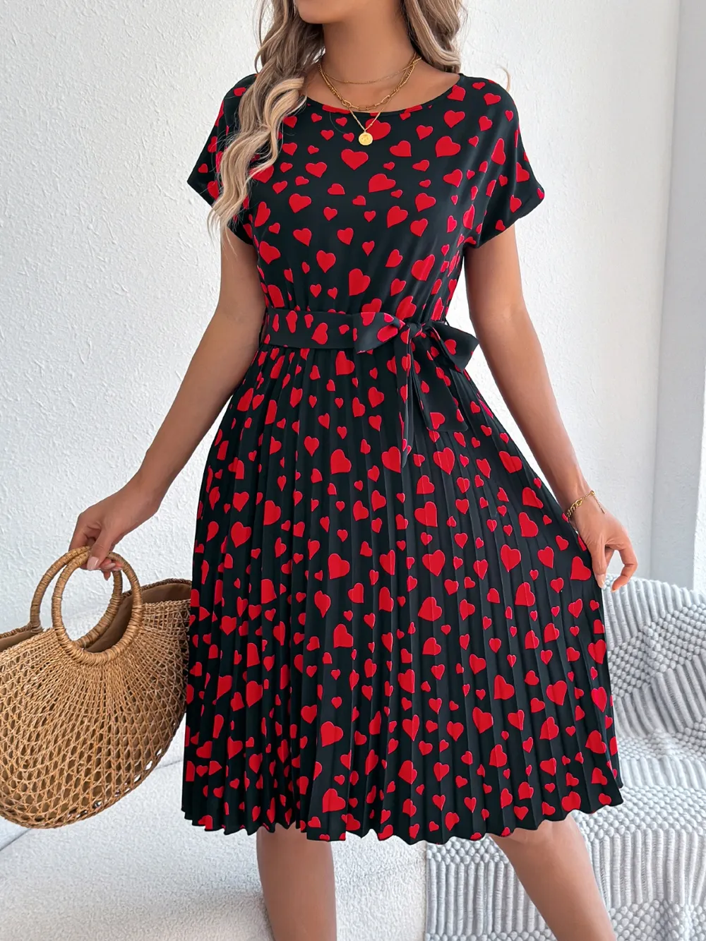 Heart Print Short Sleeve Tie Waist Dress, image 7