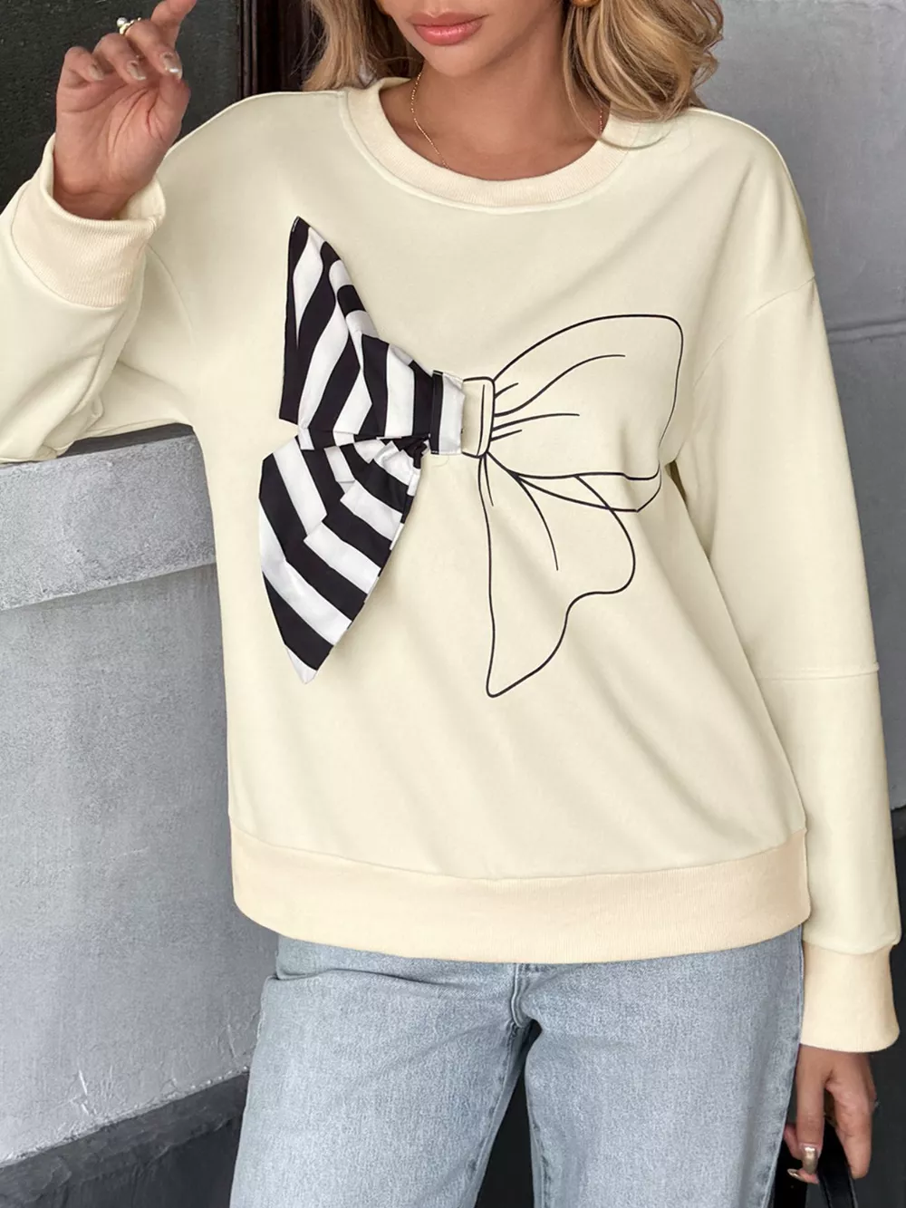 Bow Round Neck Dropped Shoulder Sweatshirt, image 2