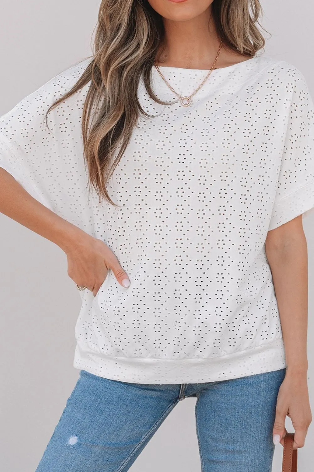 Eyelet Pattern Boat Neck Casual Tee, image 5