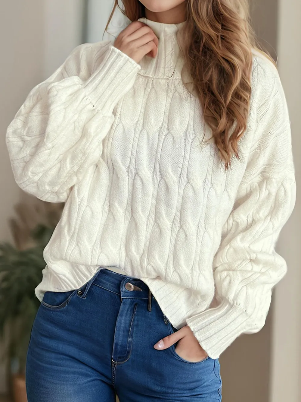 Cable-Knit Turtleneck Long Sleeve Sweater, image 5