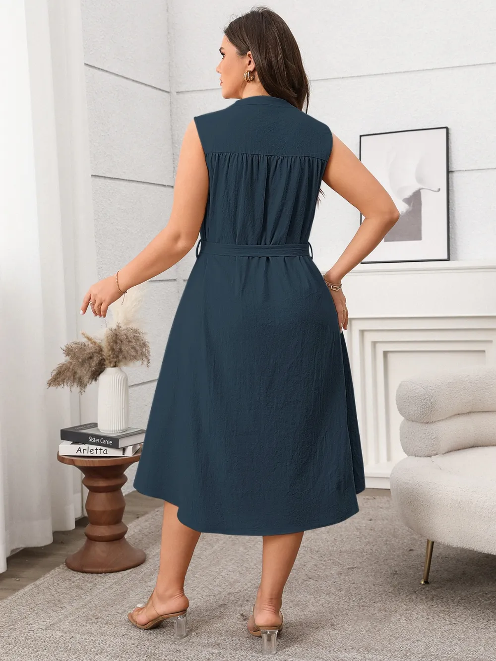 Plus Size Button Front Tie Waist Sleeveless Dress, image 2
