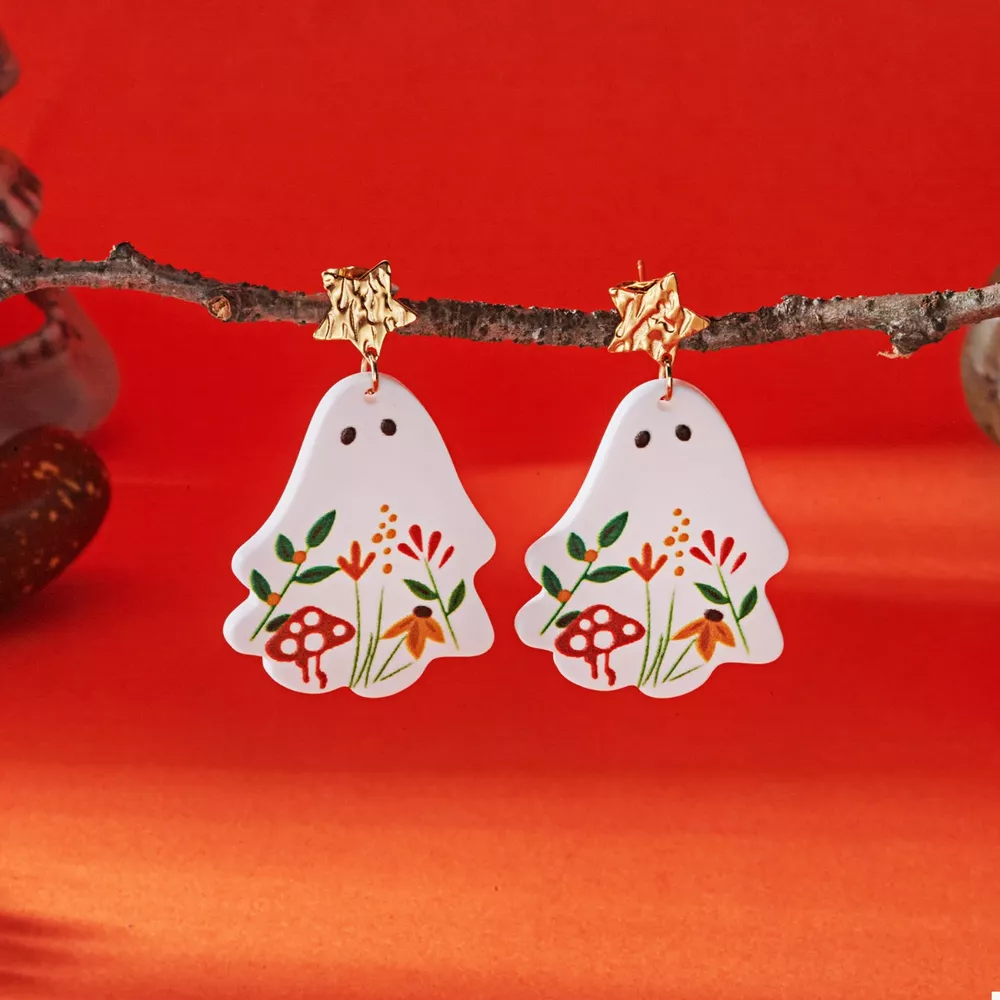 Whimsical Ghost Earrings with Floral Design, image 3