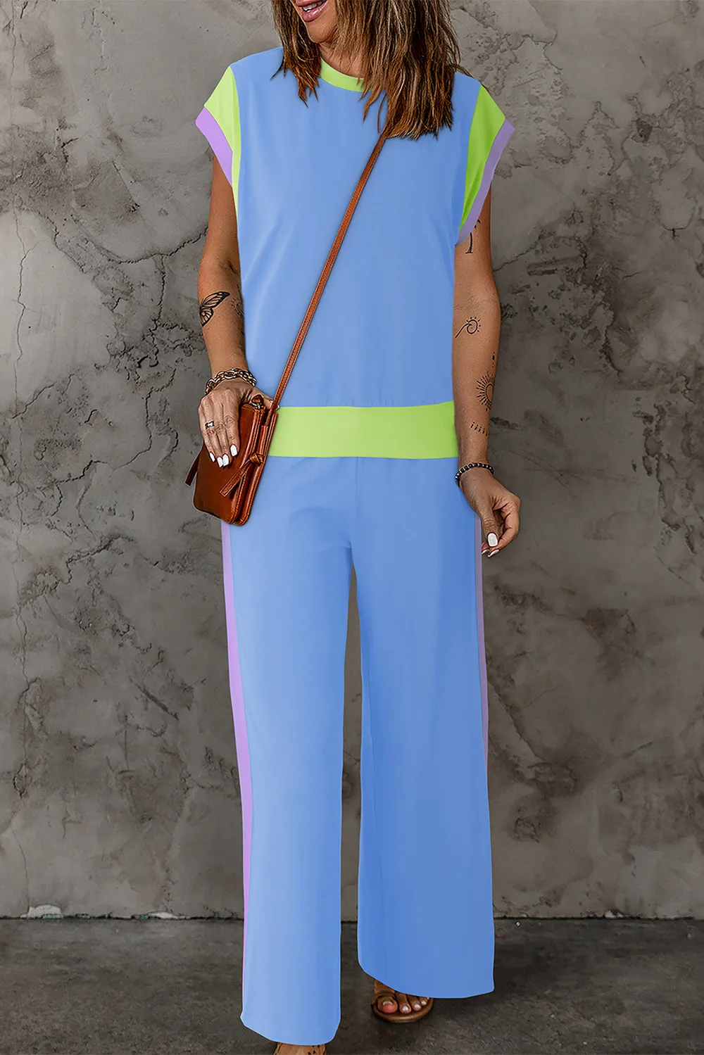 Contrast Round Neck Top and Pants Set, image 3