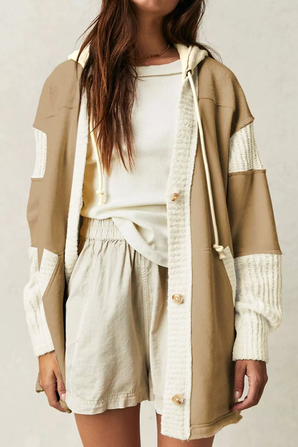 Color Block Knit Trim Drawstring Hoodie, image 2