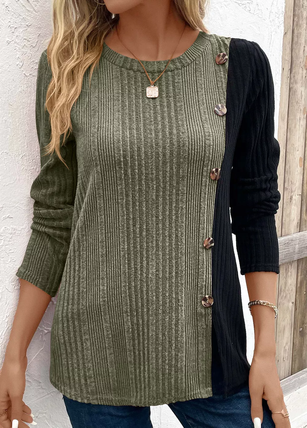 Color Block Ribbed Knit Decor Button T-Shirt, image 10