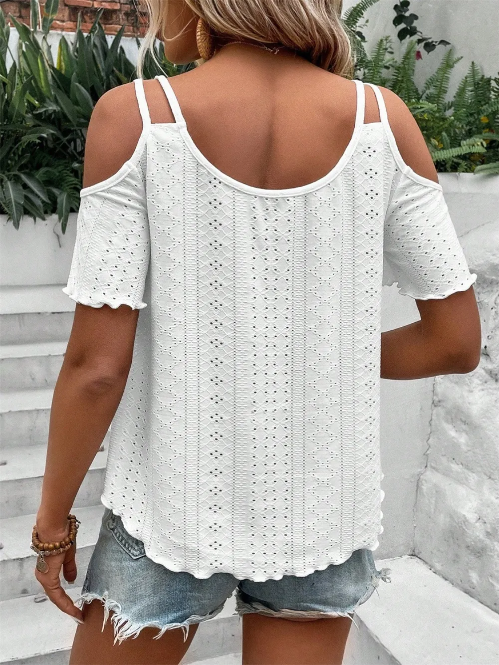 Eyelet Cold Shoulder Short Sleeve Blouse, image 2