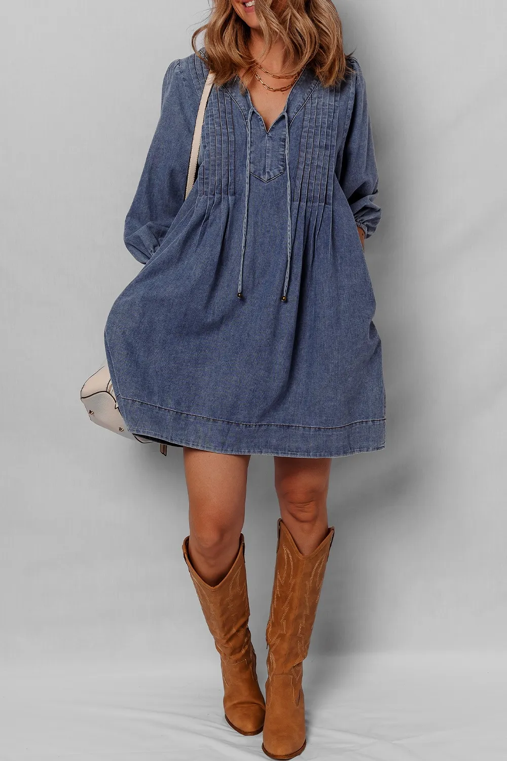 Tie Neck Long Sleeve Mini Denim Dress, image 4