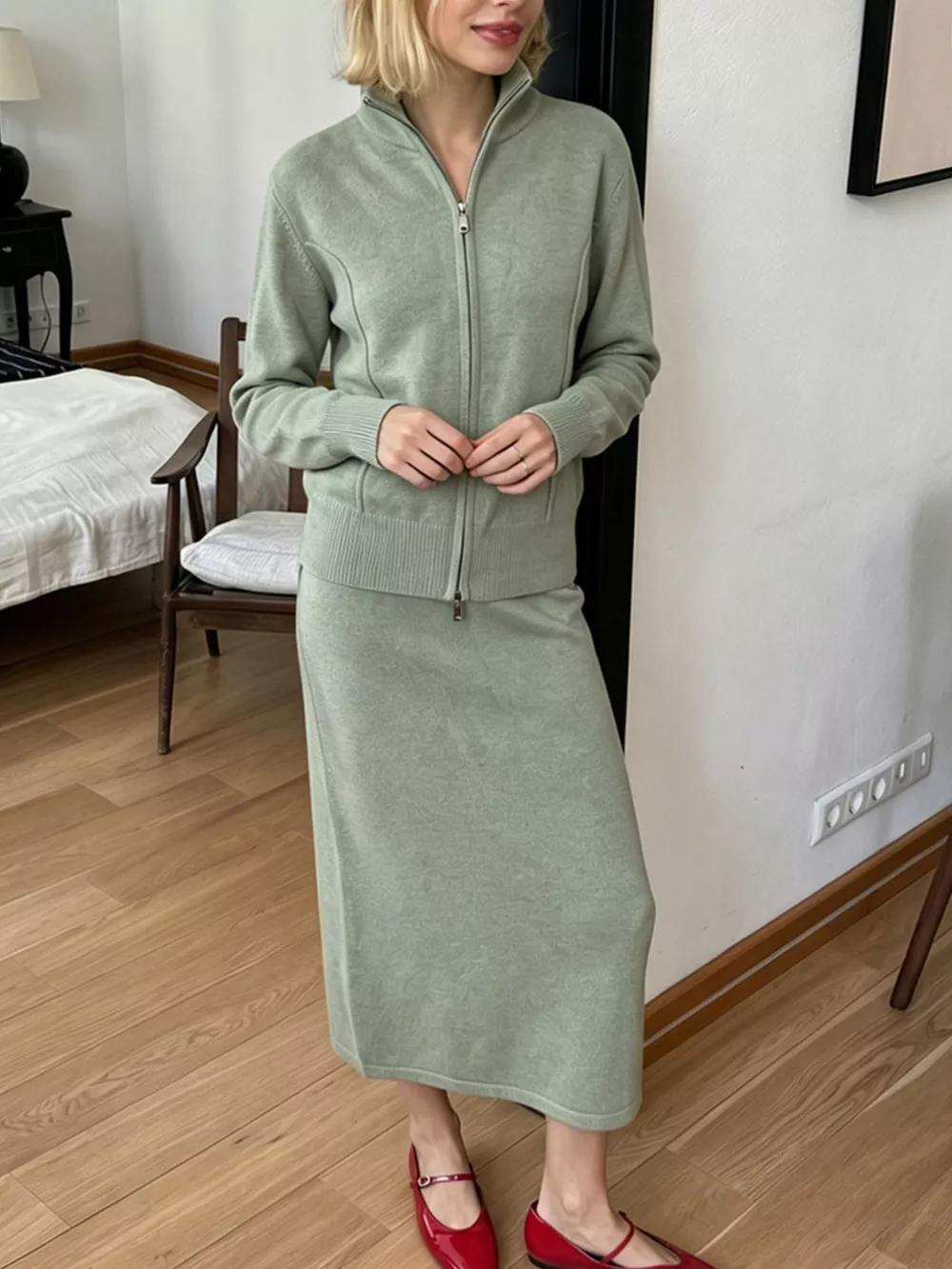 Zip-Up Mock Neck Cardigan and Matching Midi Skirt Sweater Set, image 11