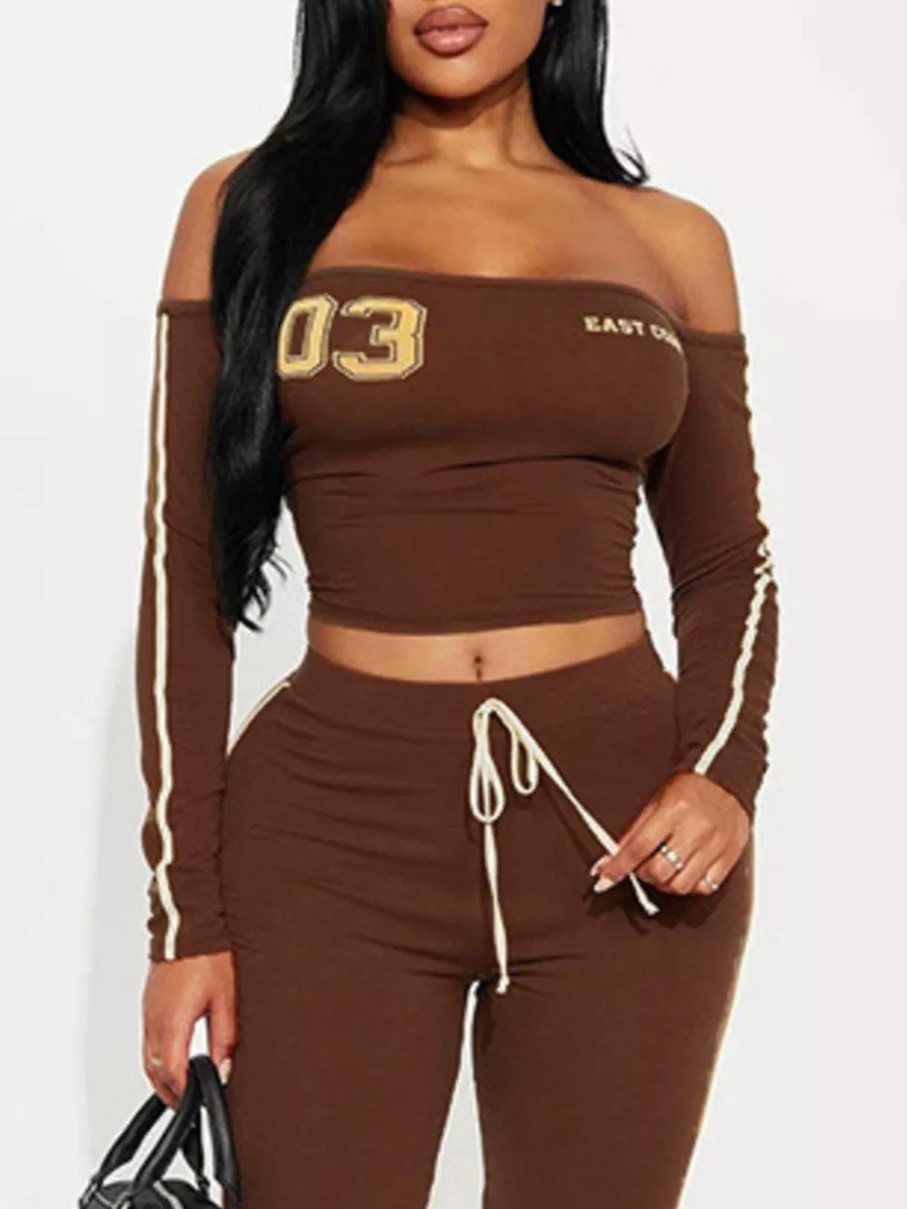 Off-Shoulder Crop Top and Flare Pant Lounge Set, image 3