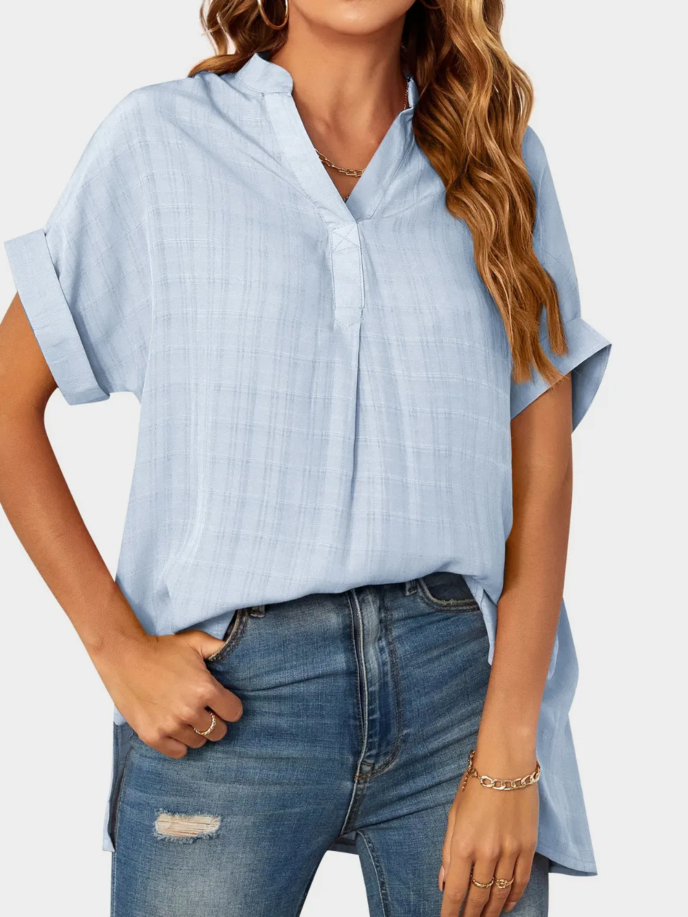Side Slit Notched Short Sleeve Blouse, image 12
