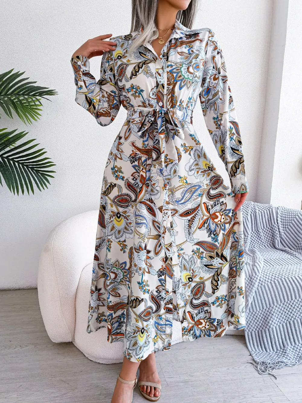 Tied Printed Long Sleeve Midi Dress, image 8