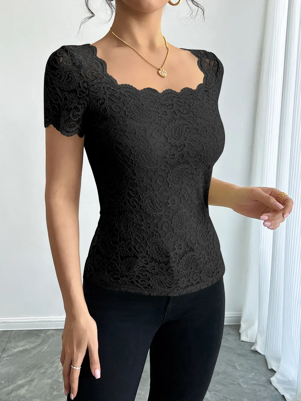 Floral Lace Square Neck T-Shirt, image 11