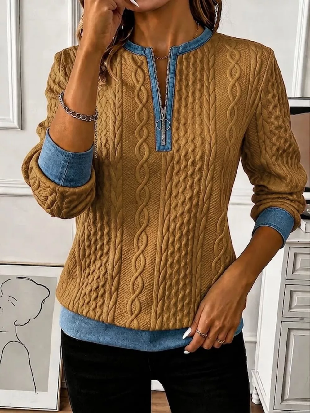 Full Size Denim Contrast Trim Quarter Zip Texture Sweatshirt Plus Size, image 7