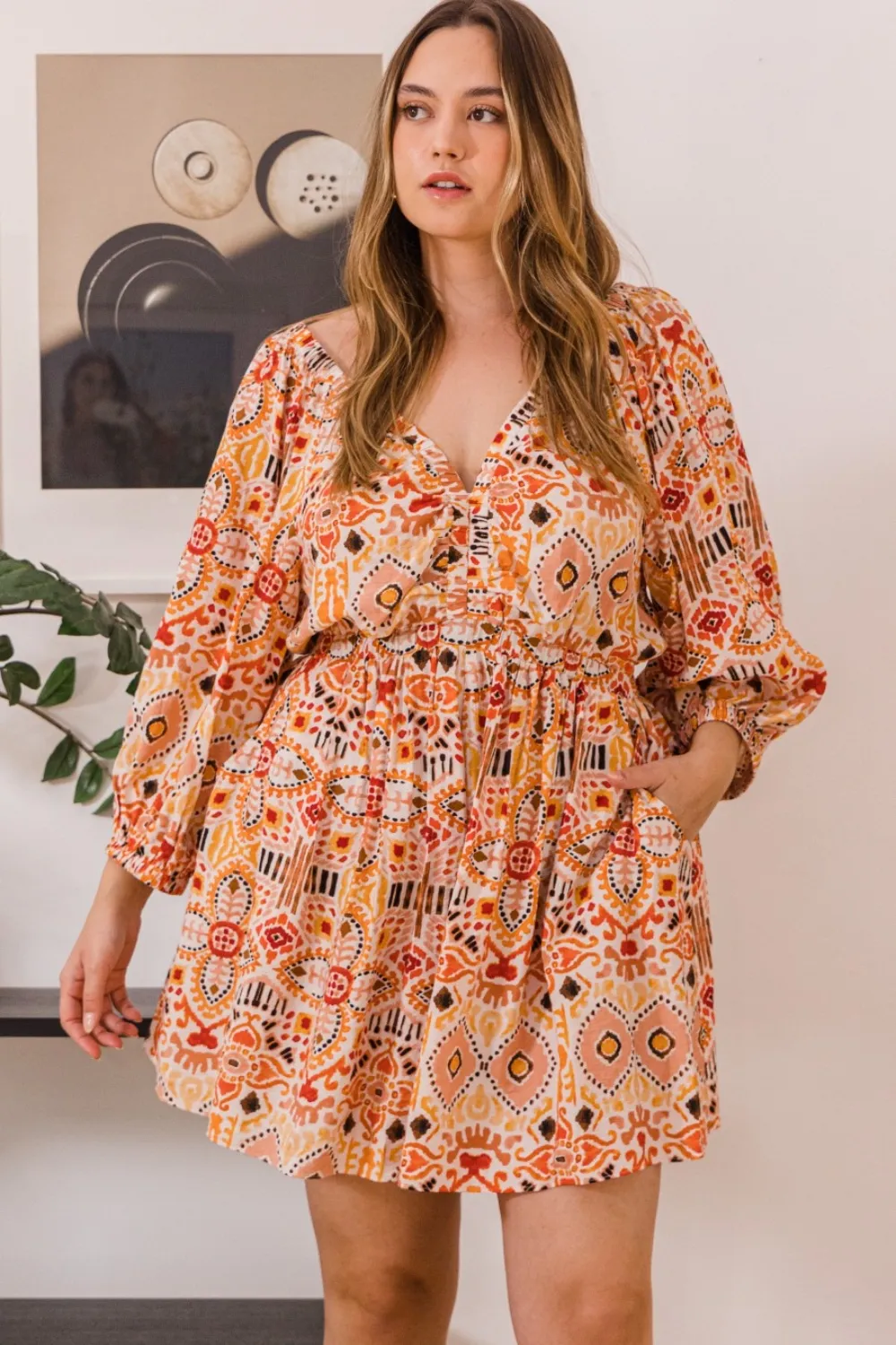 Full Size Printed Ruff Sleeve Romper with Pockets, image 3