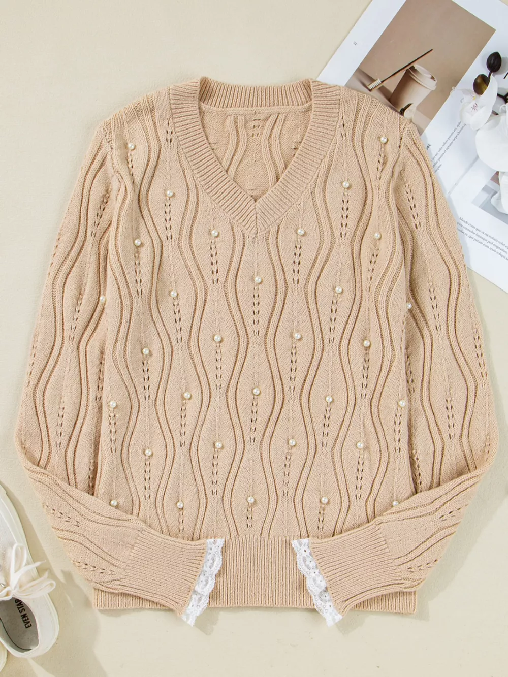 Pearl-Embellished V-Neck Pullover Sweater, image 2