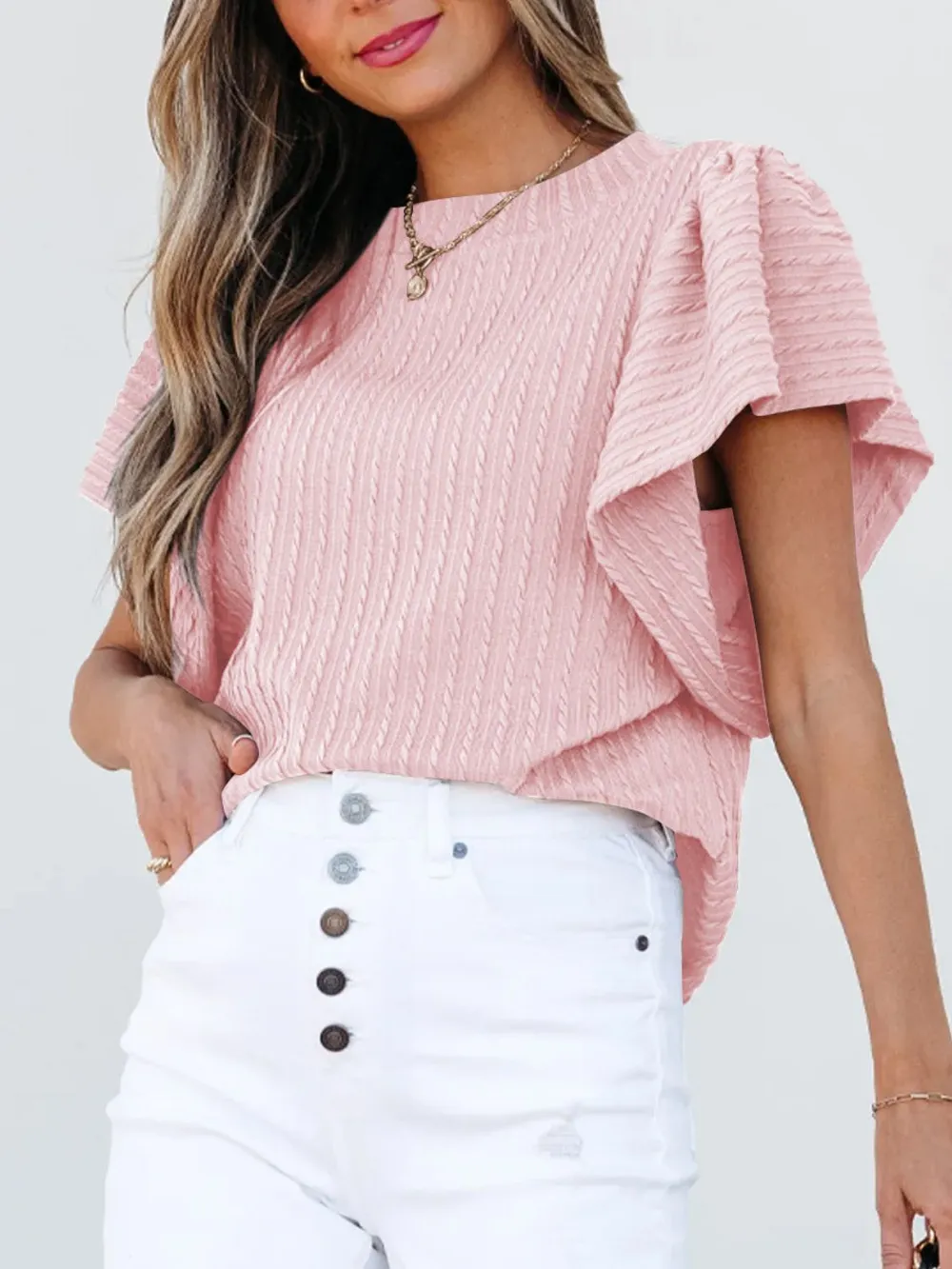 Round Neck Ruffle Sleeve Top, image 6